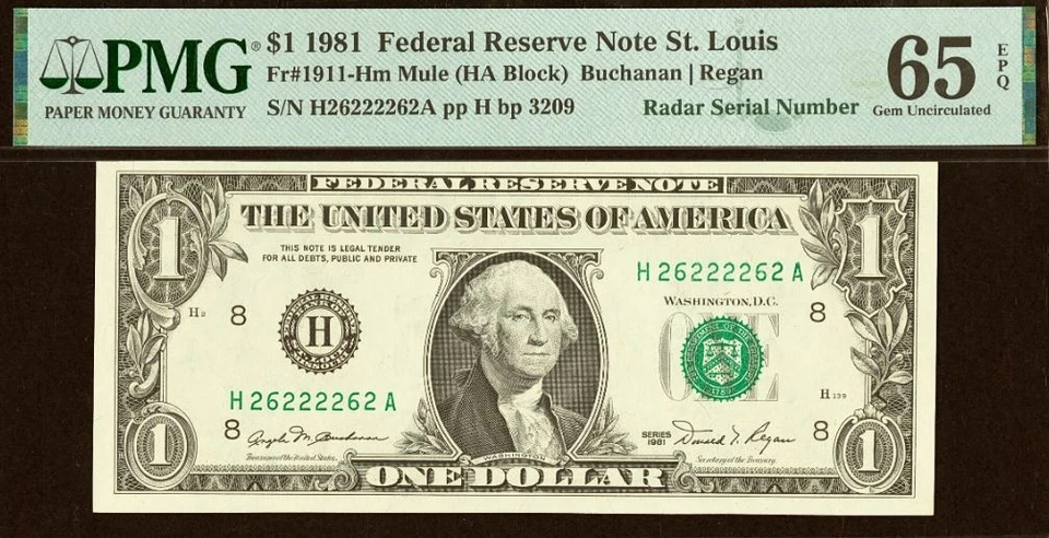 1981 & 1985 $1 FRN PMG 67EPQ - Matching Radar Serial Number St Louis - 26222262 - Image 3 of 4