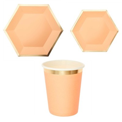 30-teiliges Party-Set Sechseck apricot-gold inkl. Pappteller Groß, Pa Neu & OVP