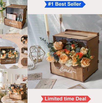 Wedding Card Box Wooden Brown With Flower Trough Acrylic Front Panel Large 250