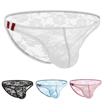 Transparenter niedriger Herrenslip mit Blumenspitze Ausbuchtung Beutel Unterwäsche