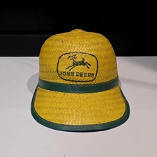 Vintage John Deere Wicker Hat Yellow 4 Legs Logo Small 6.5 In Diameter Cap RARE