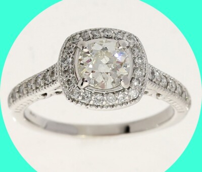 Natural Diamond Halo Engagement Ring 1.47CT 14K White Gold Mine Cut Size 6
