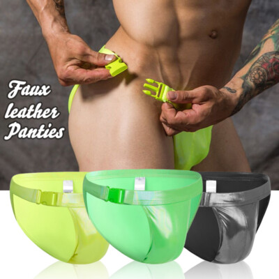 Mens Sexy Wetlook Laser Faux Leather Buckle Tongs Briefs Swim Bottom Underwear