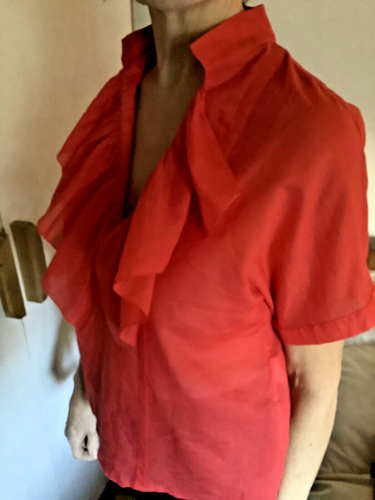Margaret Howell silk cotton top ruffle neck S14 NWOT Orange pullover short sleev - Picture 3 of 4
