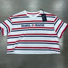 Karl Kani White Red Blue Striped Retro Cropped Short Sleeve T-Shirt Women's Sz L