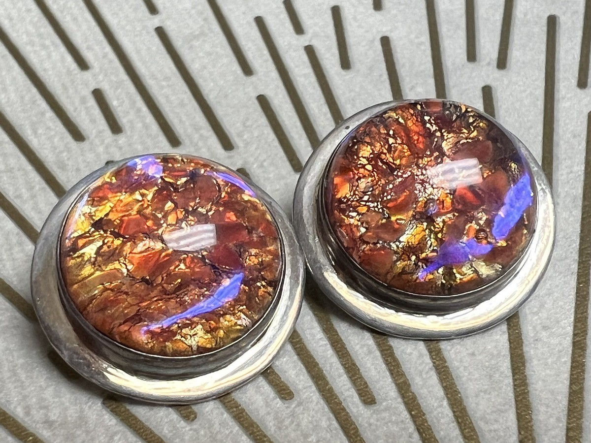 Amber, Orange, & Gold Dichroic Glass Clip-on Earrings 925 Sterling