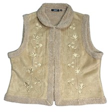 Vintage 90s Faux Suede Sherpa Floral Embroidered Tan Vest Size 1x