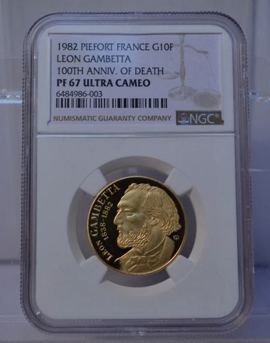 1982 PIEFORT FRANCE 10 FRANCS LEON 100TH ANNIV. OF DEATH NGC PF67 UCAM GOLD COIN