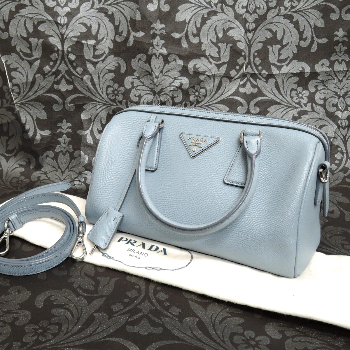 PRADA Saffiano Leather Light Blue 2Way Boston Shoulder Bag Handbag #34 Rise-on