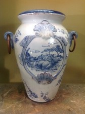Vtg Unique Rare Porcelain Urn With 3" Metal Rings 14" Tall