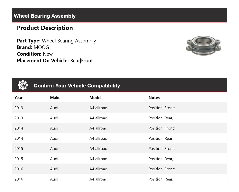 Conjunto de cojinete de rueda todoterreno para Audi A4 2013-2016 MOOG 2013 2014 2015 2016 Foto 2 de 4
