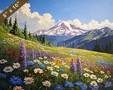 Mount Rainier wildflower meadow with mountain view oil painting 8x10 Print