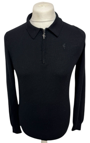 VATER SÖHNE Schwarz 1/2 Zip Pullover Polo 100% Merinowolle Langarm Herren Neu