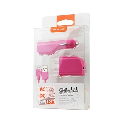Cargador de coche 3 en 1 con adaptador de pared y cable USB 1 amplificador smartphone tablets rosa intenso Foto 4 de 4