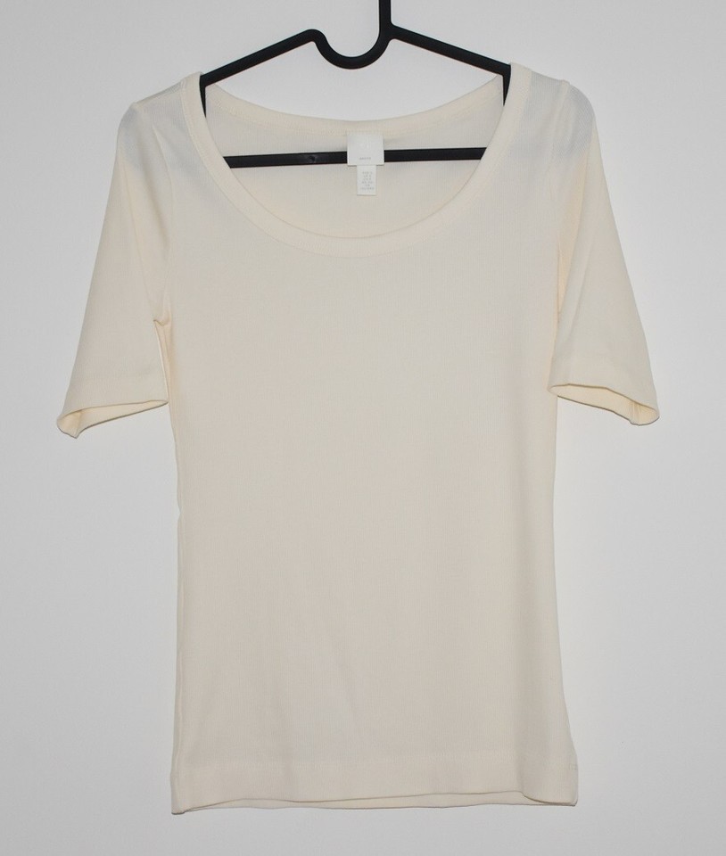 H&M BASICS Women's Light Beige Rib Tee Slim Fit Top SIZE S SMALL Great Condition