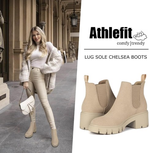 Athlefit Women's Chelsea Boots Fashion Lug Sole Chunky Heel Slip on Elastic US - Picture 19 of 66