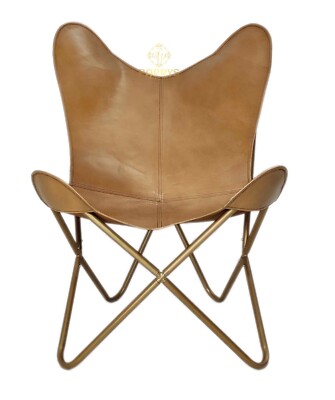 Butterfly Accent Chair Iron Frame Handmade Leather Champagne Gold BKF P