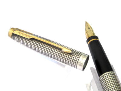 Stylo Parker 75 Argent Massif Damiers - Plume Or Écriture Fine - Vintage & Prestige