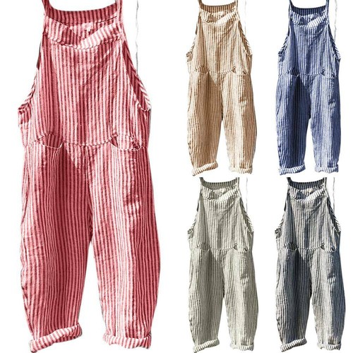 Womens Striped Loose Linen Jumpsuit 