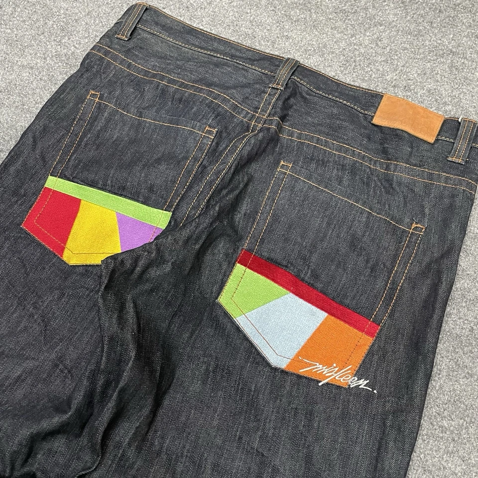 VTG Miskeen Jeans Mens 42x34 Blue Baggy Wide Leg Embroidered Hip Hop Grunge Y2K - Image 2 of 4