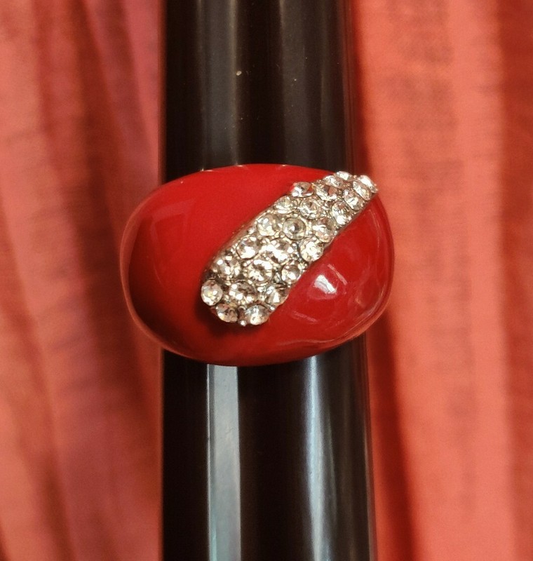 Chunky Red Silver Tone Clear Rhinestone Band Ring Jewelry Statement Costume 9.25