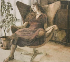 1970s MCM HANNE GREAVER LITHOGRAPH YOUNG WOMAN SLEEPING ARNE JACOBSEN EGG CHAIR