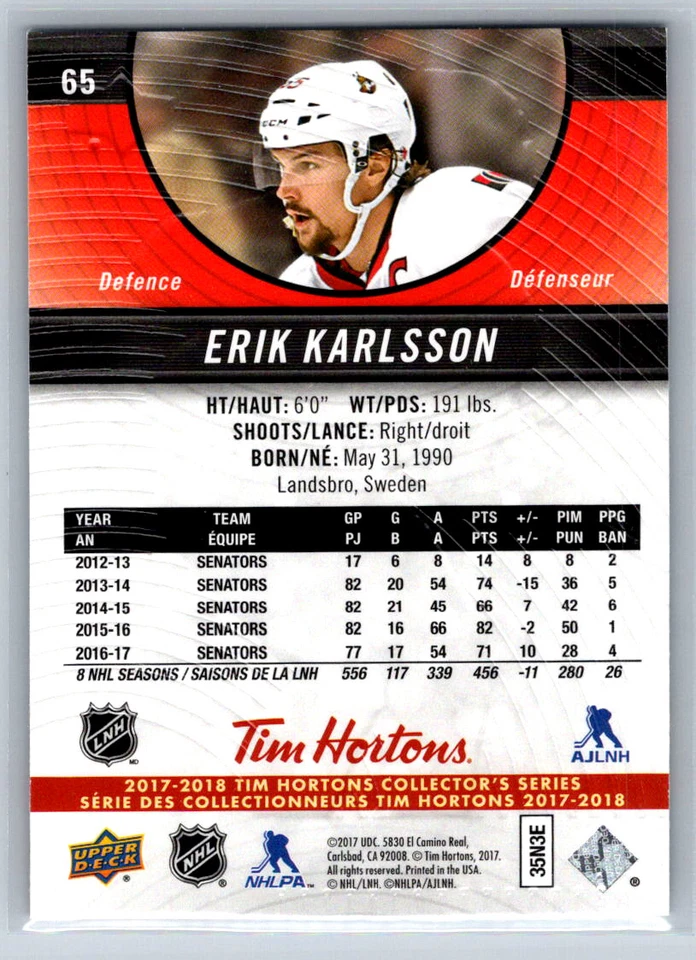 Erik Karlsson 2017-18 Upper Deck Tim Hortons Ottawa Senators #65 - Image 2 of 2