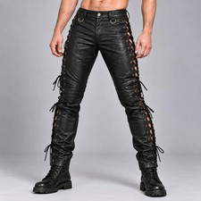 Men's Genuine Sheep Leather Lace-Up Pants, Gothic Punk Motorcycle Style Pant