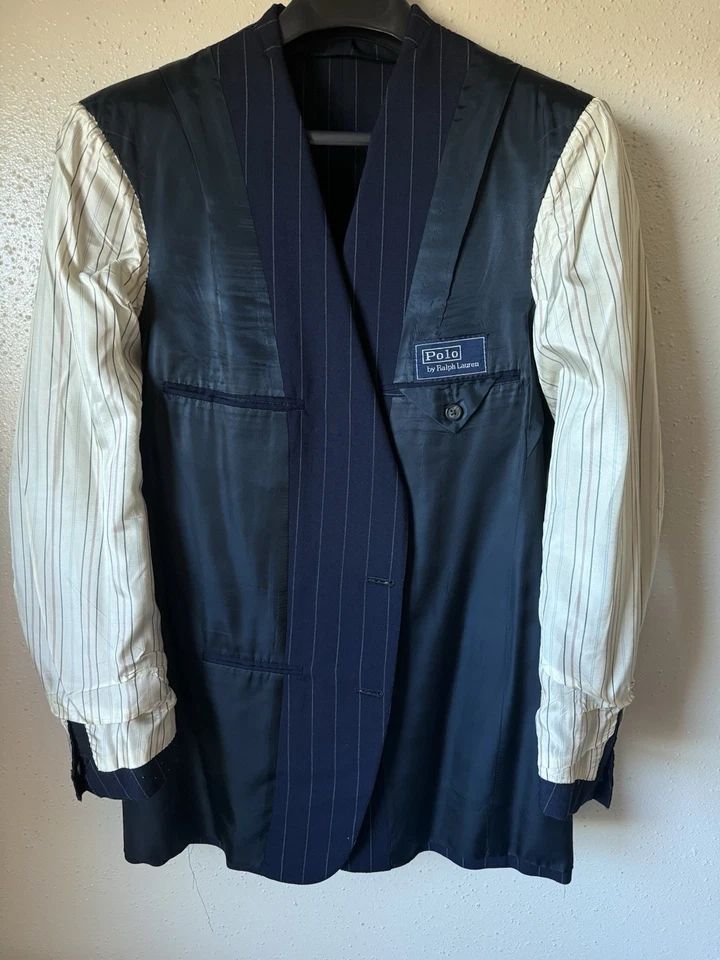 Traje Polo Ralph Lauren Blue Label 42R Azul Marino Lana Sencillo Pecho Rayas Foto 3 de 4