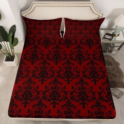 Red Black Damask Fitted Sheet Twin Size,Vintage Gothic Lace Floral Print Matt...