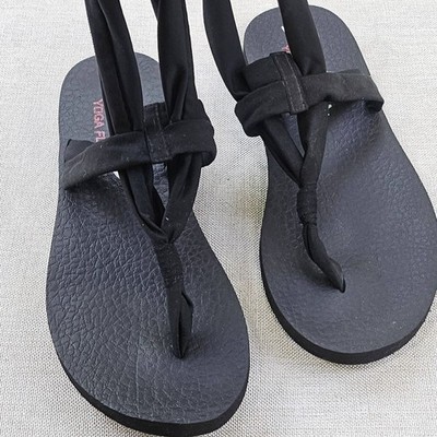 Skechers Bobs Knotted Fabric Ankle Strap Sandals Black Yoga Foam Comfort Womens