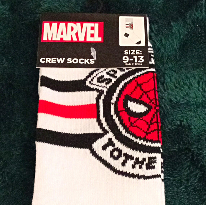 Marvel Spider-Man Men’s Crew Socks Size 9-13 Striped White/Black/Red 1 Pair