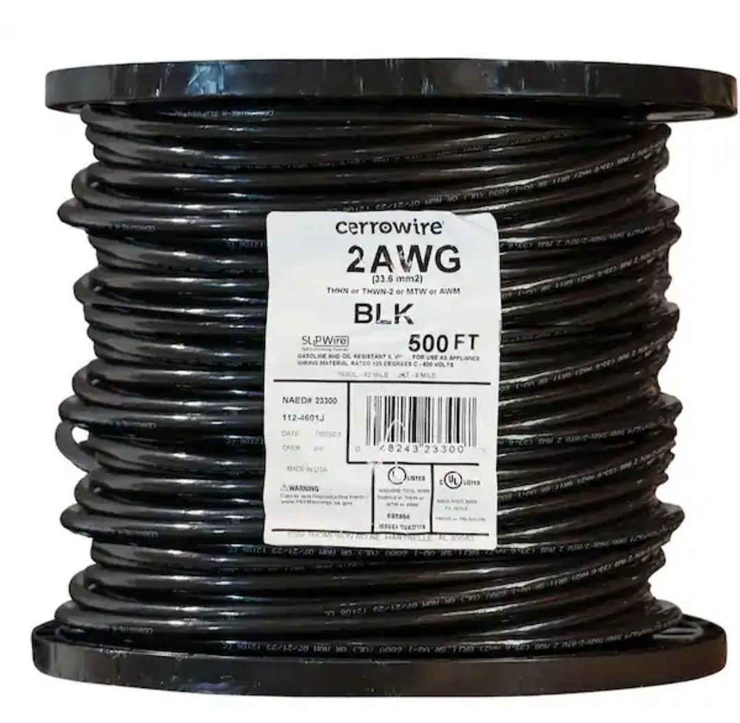 Home Depot CERROWIRE 500 ft. 2 Gauge Black Stranded Copper THHN Wire SKU #866202