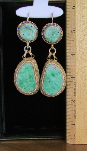 Antiq Chinese Jade Gold Gilded 925 Silver Filigree Drop LeverBack Earrings 3.5"L - Picture 13 of 15