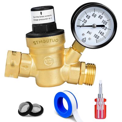 Brass Lead-Free RV Water Pressure Regulator with Gauge & Accessories
