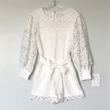 MAJE Ingrid Belted Guipure Lace Long Sleeves Romper in White Size 40/8 US