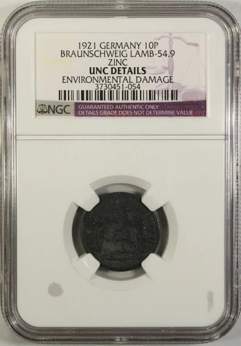 Germany 10 Pfennig 1921 NGC UNC Details Zinc Braunschweig Lamb-54.9