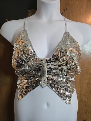 Y2K Style Silver Sequin Butterfly Top, Rave Dancing Festival Summer Top One Size