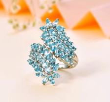Madagascar Natural Blue Apatite 44 Gemstones Bypass Ring 925 Sterling sz 6