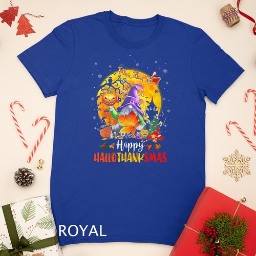 Womens Halloween Thanksgiving Christmas Happy HalloThanksMas Gnomes T-shirt - Picture 3 of 15
