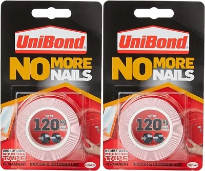 2x UniBond No More Nails Rotolo Nastro Biadesivo Permanente da Appendere Quadro - 1,5m