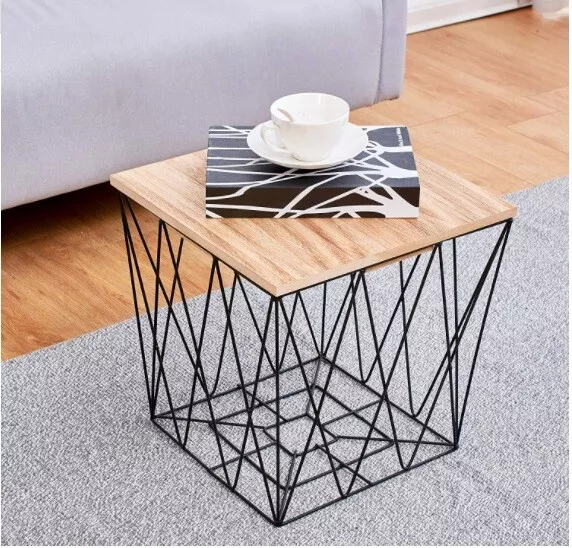 Retro Black Metal Wire Square Wood Top Storage Side Table Basket