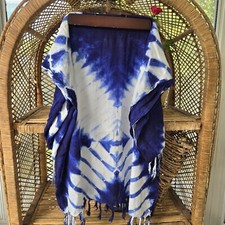 EUC Beach Wrap Sarong Tie Dye Fringe BATIK Rayon Blue White Scarf Tapestry