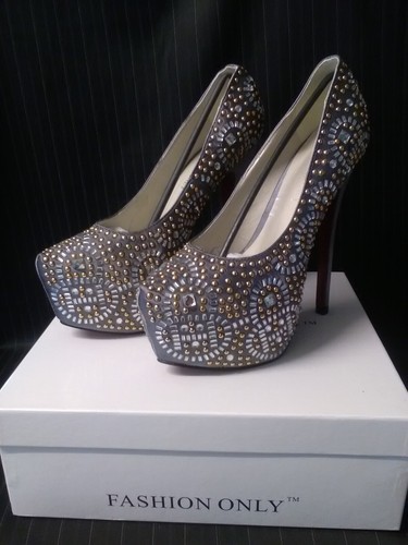 Fashion Only Grey Stud/Diamante Detail High Heel Platform Shoes- Size UK 5 - New
