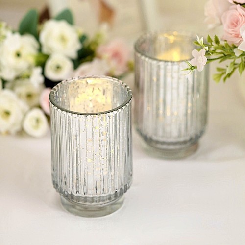 3 SILVER 5" Speckled Mercury Glass Votive CANDLE HOLDERS Party Event Decorations - Picture 7 of 8
