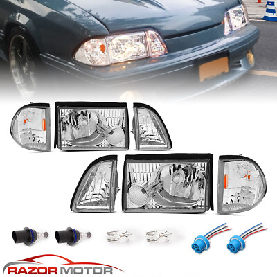 1987-1993 For Ford Mustang Chrome Headlights W/Corner Parking Lamp