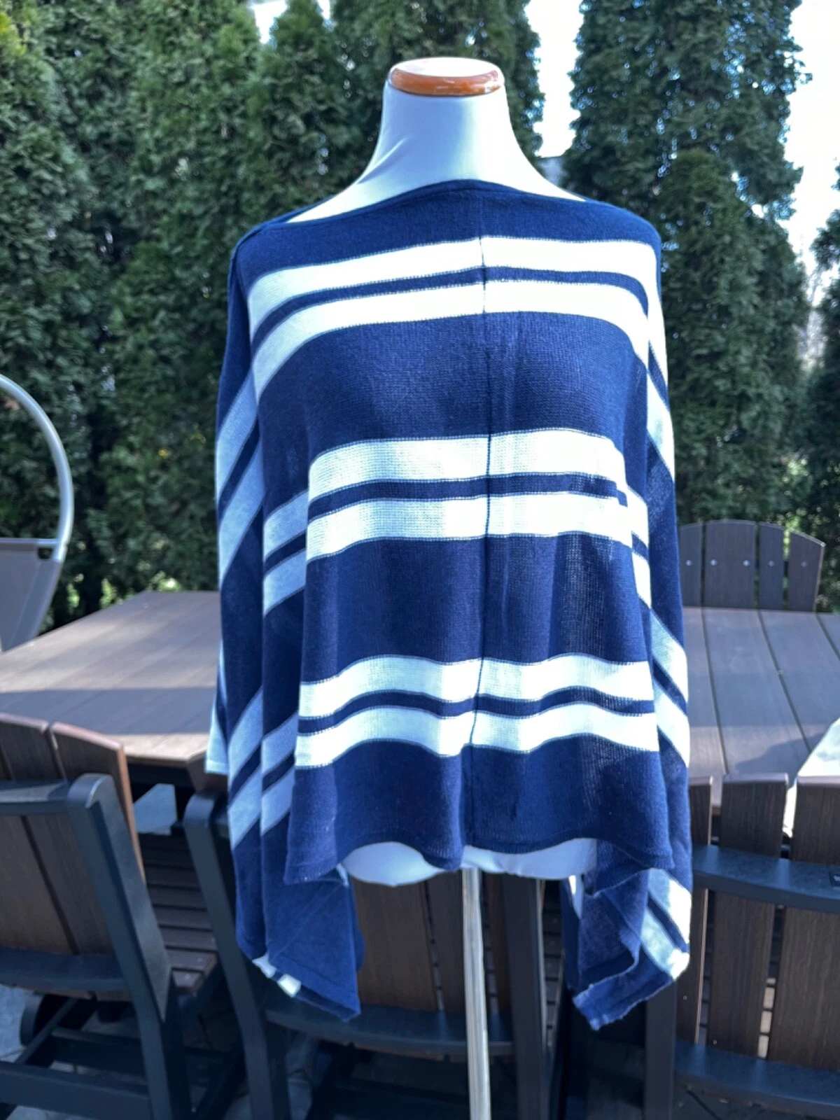 PROJECT Knitted white/navy Poncho Shawl Wrap WEAR IT TWO WAYS