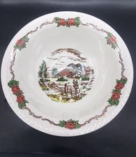 Norway FIGGJO FLINT Ceramic SERVING BOWL Farm House Pattern Mountain 9.5” VTG