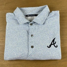 Atlanta Braves Polo Shirt Mens M Blue White Geo AOP MLB Baseball Cutter & Buck