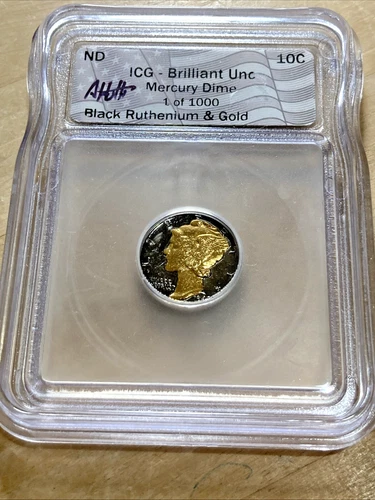 1942 Mercury Dime, Black Ruthenium & Gold, BU Hutto Signed ICG, 1 of 1000
